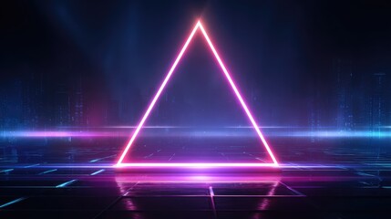 Fototapeta premium Neon triangle frame glowing in dark cyberpunk background with vibrant pink and purple lights creating futuristic design