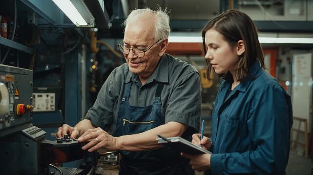 Pressing start, mentor in apron at shop using panel tuning part and training trainee noting notepad
