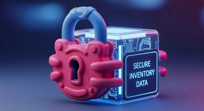 Cybersecurity secure inventory data protection concept with 3D padlock and glowing tech cube for logistics software website banner