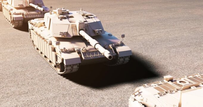 Powerful armored tank moving in slow motion during battle. World War Related 3D Animation.