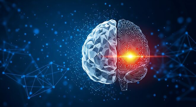 Digital depiction of a brain with a geometric left hemisphere and illuminated right side