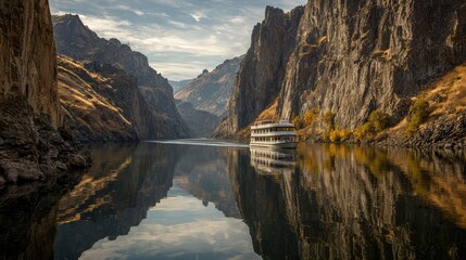 Fototapeta premium River cruise sailing through dramatic canyon landscape with steep cliffs and calm water reflections