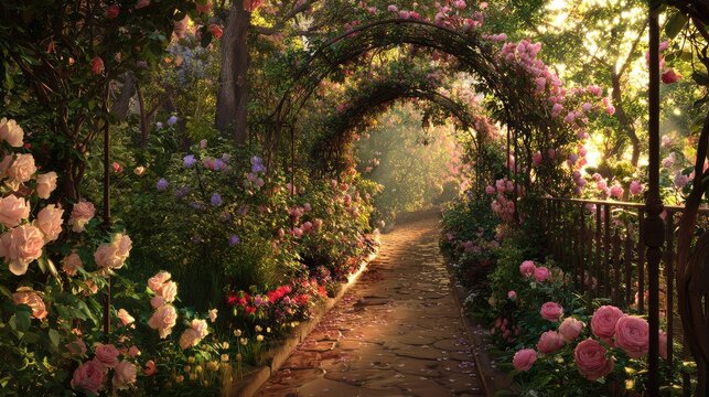 Romantic garden pathway surrounded by blooming roses and colorful flowers under warm sunset light creating dreamy atmosphere