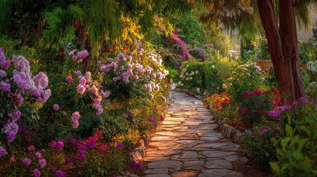 Romantic garden pathway surrounded by blooming roses and colorful flowers under warm sunset light creating dreamy atmosphere