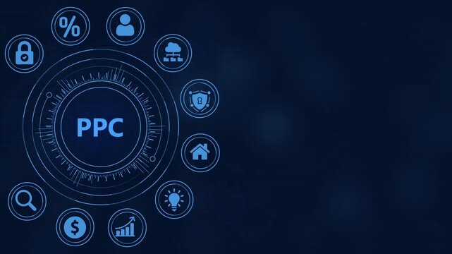 Digital marketing concept with PC in center and surrounding icons on dark blue background pay per click