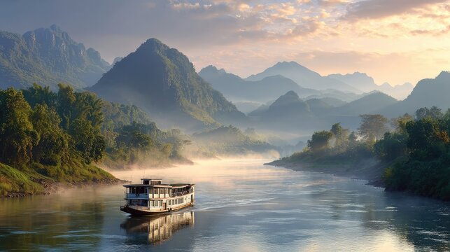 Scenic river cruise boat surrounded by misty mountains and peaceful morning light