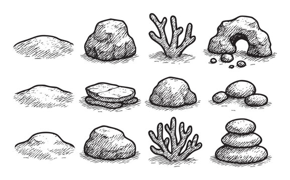 Set of hand-drawn black and white sketches of rocks, sand, coral, and stacked pebbles isolated on a white background, ideal for nature illustration or design elements.