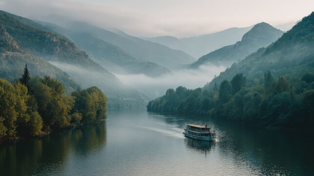 Scenic river cruise boat surrounded by misty mountains and peaceful morning light