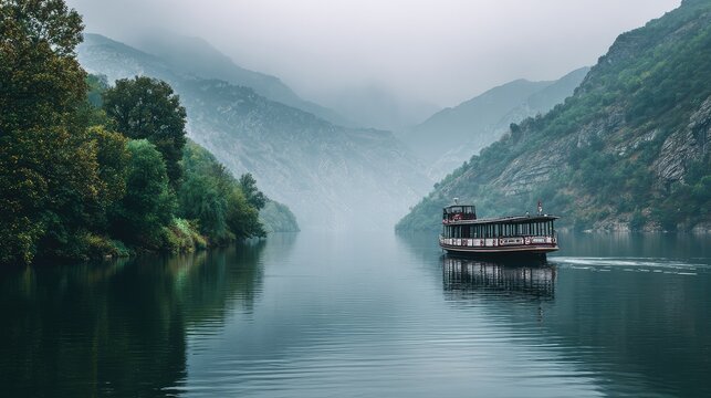 Scenic river cruise boat surrounded by misty mountains and peaceful morning light