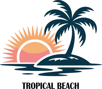 Topical sunset plam tree flower beach scene clipart logo icon vector white background