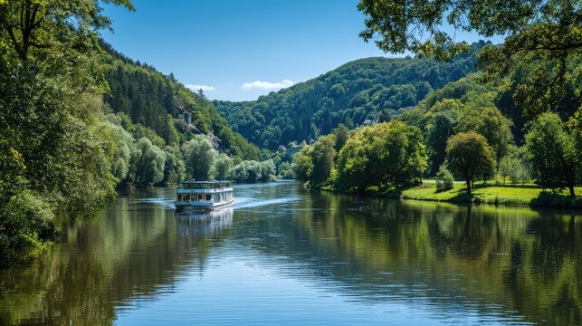 Scenic river cruise passing through peaceful countryside landscape with lush trees and bright blue sky