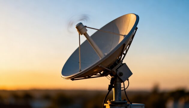Closeup of a single satellite dish sending packaged reports centered and crisp with outoffocus horizon and fading daylight creating a dynamic broadcast atmosphere.