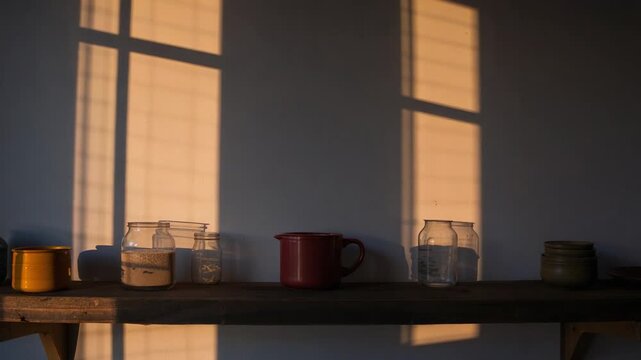 Shifting sunlight from window across kitchen shelf at dusk, casting glow on jars and red mug