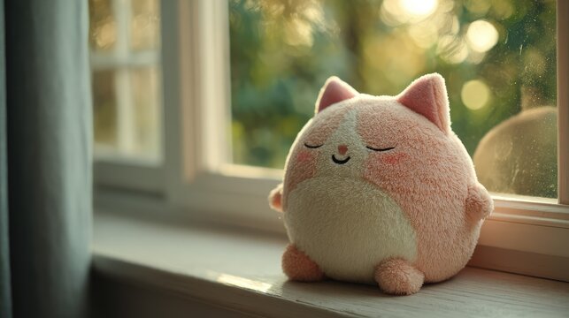 Soft smiling cat plush toy placed near window with gentle daylight, peaceful atmosphere suitable for children toy marketing and cozy lifestyle visuals