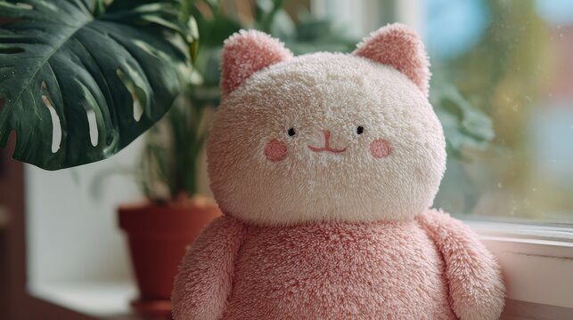 Soft smiling cat plush toy placed near window with gentle daylight, peaceful atmosphere suitable for children toy marketing and cozy lifestyle visuals