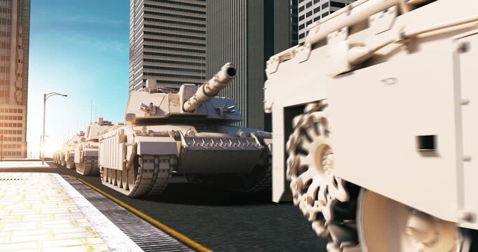 Military tank driving past tall city office building structures. World War Related 3D Animation.