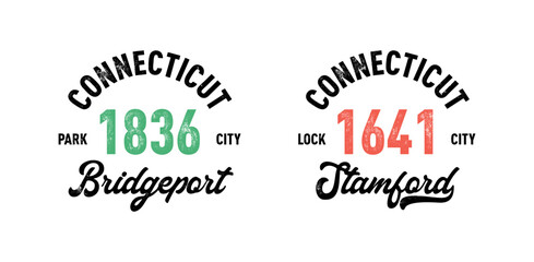 Obraz premium Connecticut, Bridgeport, Stamford with grunge texture emblem and print. Vintage hand drawn wanderlust style. Isolated on white background. Good for t shirt, mug, other identity. 