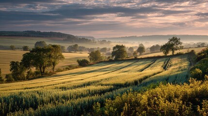 Obraz premium Spring sunrise shining across blooming countryside fields full of fresh plants
