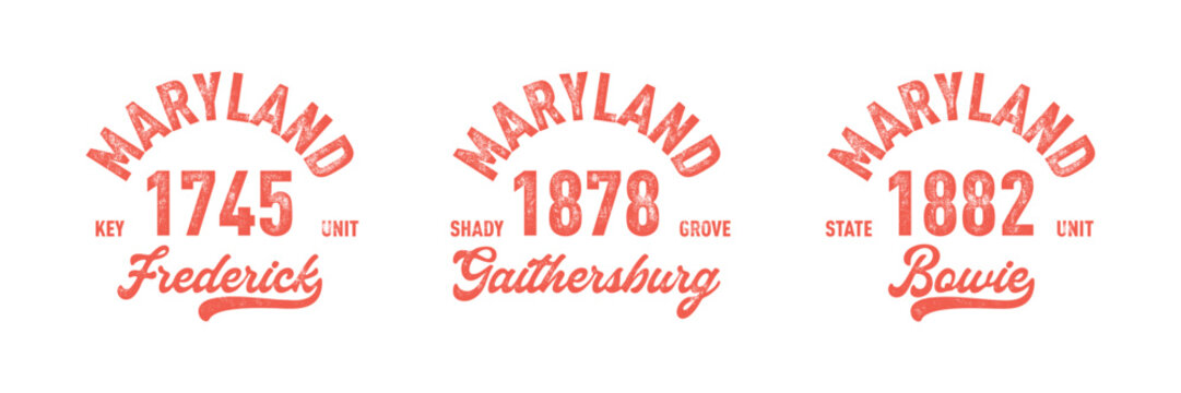 Maryland, Frederick, Gaithersburg, Bowie with grunge texture emblem and print. Vintage hand drawn wanderlust style. Isolated on white background. Good for t shirt, mug, other identity. 
