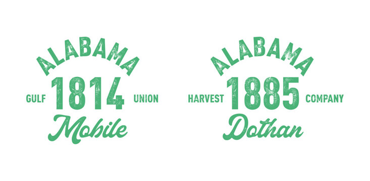 Alabama, Mobile, Dothan with grunge texture emblem and print. Vintage hand drawn wanderlust style. Isolated on white background. Good for t shirt, mug, other identity. 