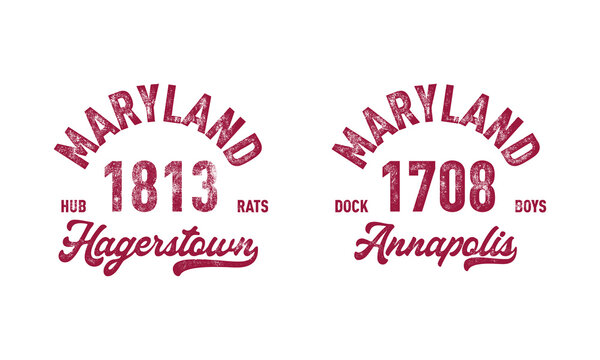 Maryland, Hagerstown, Annapolis with grunge texture emblem and print. Vintage hand drawn wanderlust style. Isolated on white background. Good for t shirt, mug, other identity. 