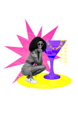 Obraz premium Vertical photo collage of happy american girl wear sunglass stand martini glass drink party celebration isolated on painted background