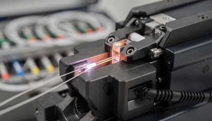 Fototapeta premium Closeup of a fiber optic splicer precisely aligning glass fibers with a blurred indoor splice tray in the background highlighting intricate fusion splicing work.