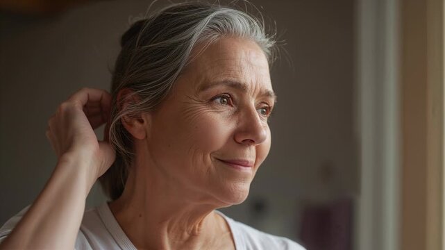 Looking at window at home, senior woman tucking, smoothing gray hair to tidy, wearing tee