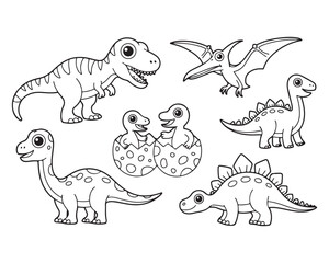 A delightful collection of various cartoon dinosaur outlines including hatching babies and a flying pterodactyl © BULBUL ISLAM