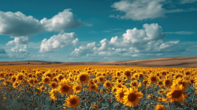 Sunflower field stretching across countryside with soft breeze moving bright petals under blue sky