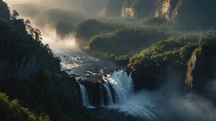 Fototapeta premium Majestic waterfall cascading through lush green valleys at sunrise, surrounded by misty mountains