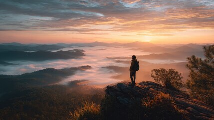 Obraz premium Traveler standing on mountain cliff overlooking breathtaking sunrise landscape with clouds filling valley below creating inspiring adventure scene
