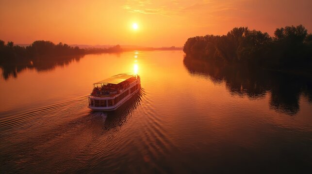 Tour boat cruising along river during golden sunset creating relaxing travel atmosphere