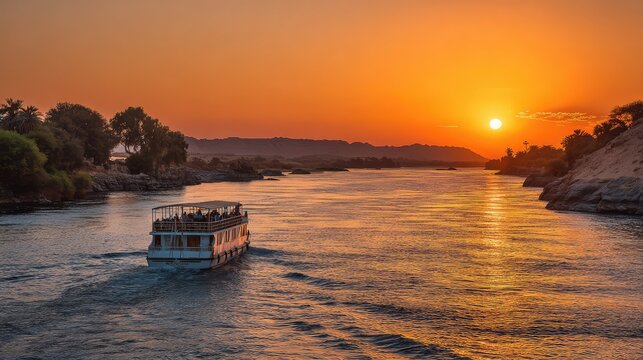 Tour boat cruising along river during golden sunset creating relaxing travel atmosphere
