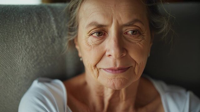 Senior woman sitting against textured cushion, breathing in, pressing arms, seeking calm for health