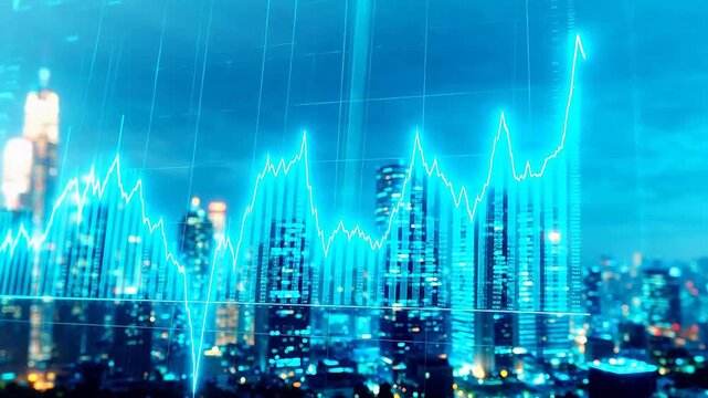 City skyline with financial data overlay
