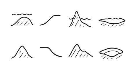 Fototapeta premium Simple black and white hand-drawn topography vector set isolated on white background, good for maps, education, or nature related projects.