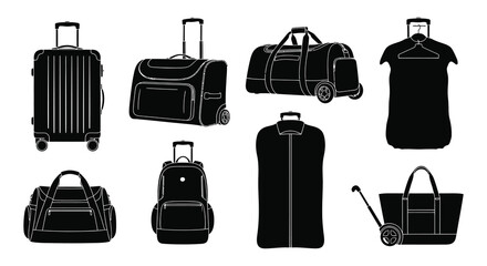 A collection of travel luggage icons including suitcases duffel bags and clothing rendered as a silhouette high quality professional detailed modern © Creativekhairul02