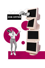 Poster image vertical photo collage of happy american girl trainee job offer hand peek pc monitor...