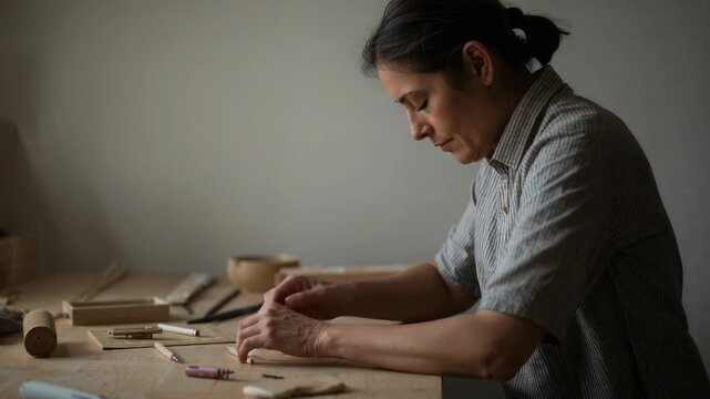 Female craftsperson starting by reaching for wooden strips on bench aligning pieces for precise fit