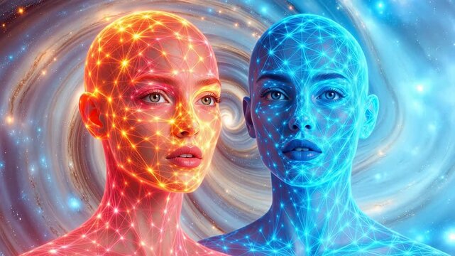 Two abstract human faces with glowing networks