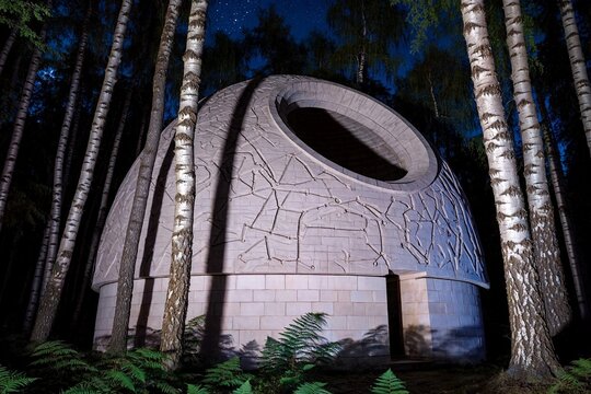 Dome shaped star gazing temple in a birch forest Constellation c