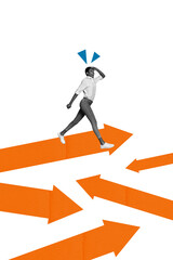 Vertical photo collage of happy american girl walk promotion arrow development concept direction...