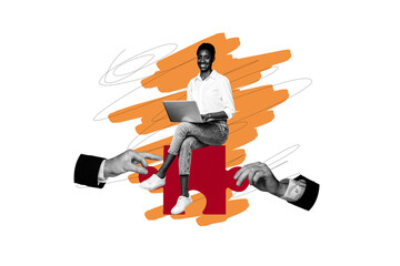 Composite creative art collage of happy american girl sit puzzle tactics type laptop freelancer job...