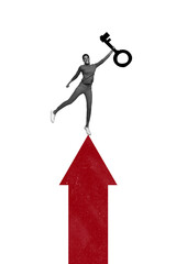Collage 3d image of pinup pop retro sketch of excited young businesswoman arrow point up hold key...