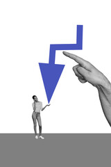 Vertical photo collage of silly american girl speak phone hand point arrow decline economy...