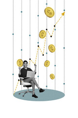 Vertical photo collage of happy american girl sit freelancer hold laptop arrow up success dollar...