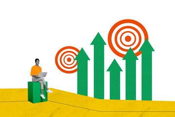 Composite photo collage of happy american girl freelancer type laptop arrow development target goal...