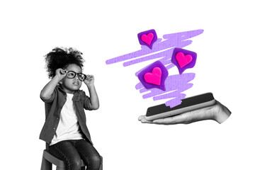 Composite photo collage of cute american small girl hand hold phone like notification heart bubble...