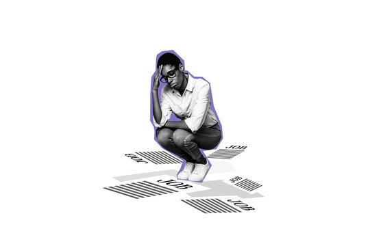 Creative photo collage image young upset unhappy woman unemployment problem find job vacancy contract resume stressed anxiety